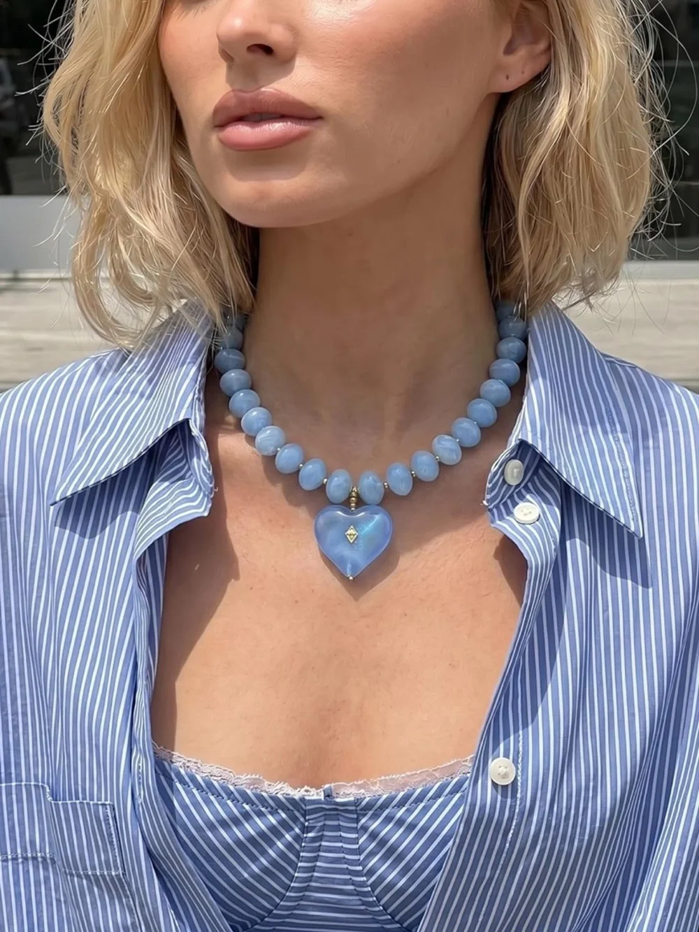 Light Blue Heart Beaded Dopamine Necklace